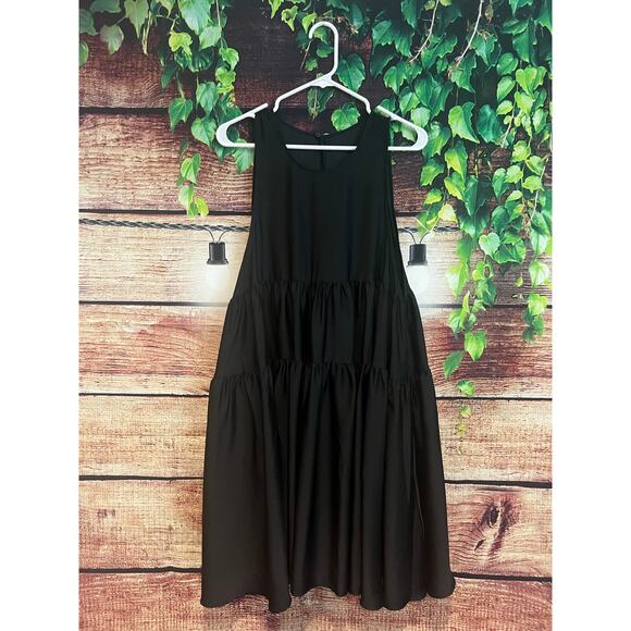 COS Midi Dress Tiered Black Sleeveless Satin Scoop Neck Womens Size 10 Large - Picture 1 of 9